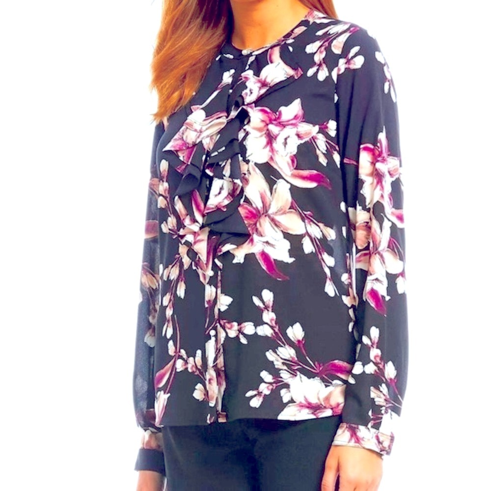 NWT KARL LAGERFELD PARIS RUFFLE Floral Blouse Sz M